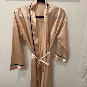 Elegant Cream Rose Satin Robe with Black Trim
